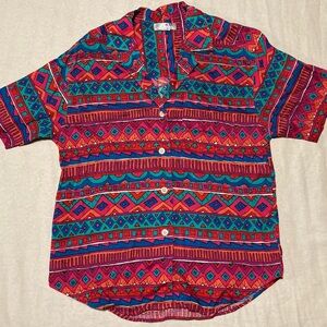 Vintage French Navy Short Sleeve Button Down Shirt | Vibrant Pattern | 80s & 90s